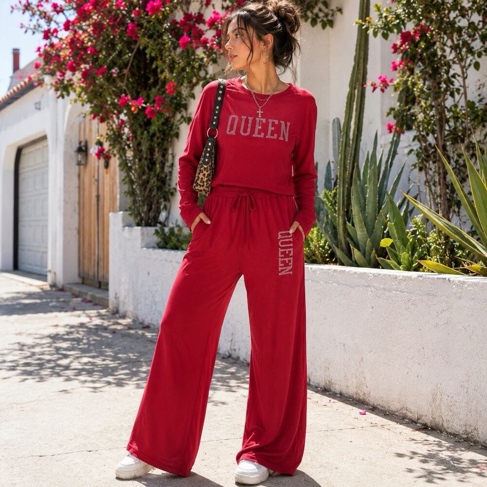 CHICME Sz M Red Rhinestone Queen Jumpsuit Wide Leg Y2K Glam Lounge Streetwear